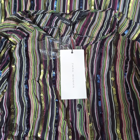 Rare! Zara Sequin Striped Empire Waist Peasant Dress L - Picture 6 of 7